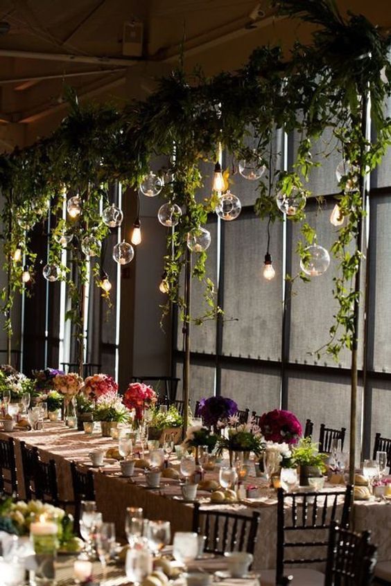 glass orbs suspended from a sea of greenery