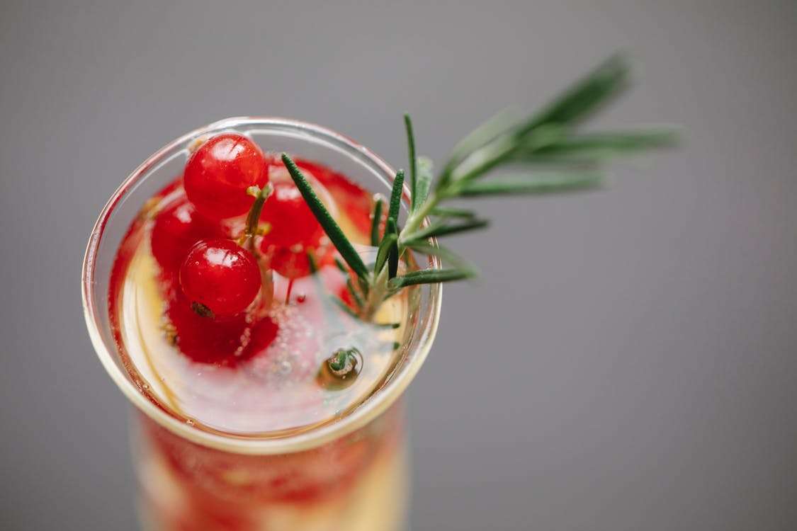 High angle of transparent glass filled with champagne served with fresh red currant and rosemary