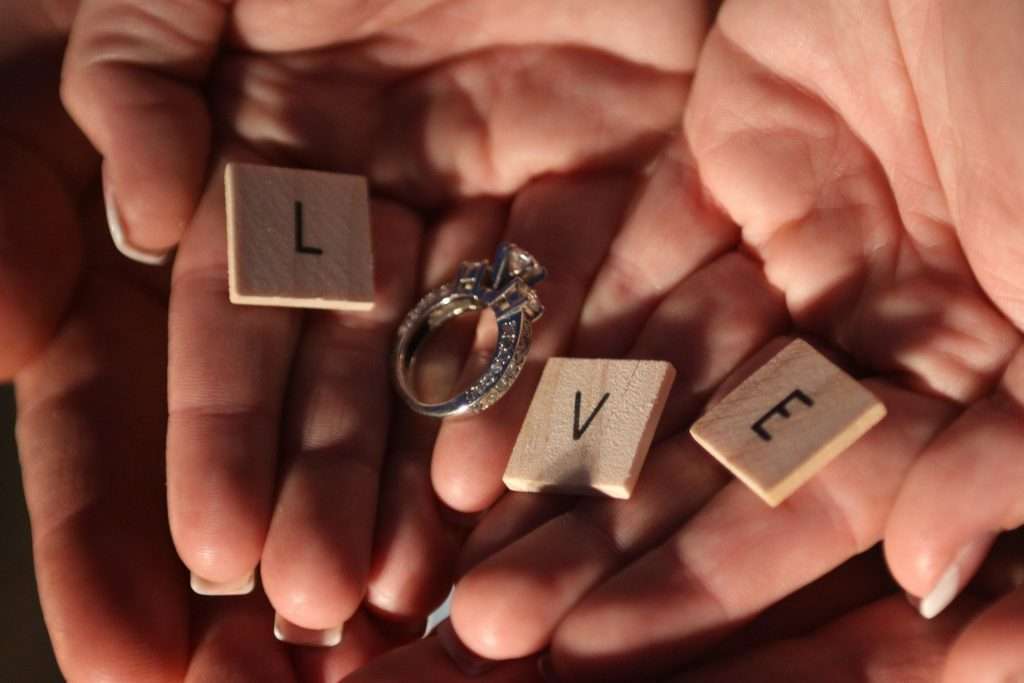 Wedding Proposal with Scrabble Letters and Diamond Ring