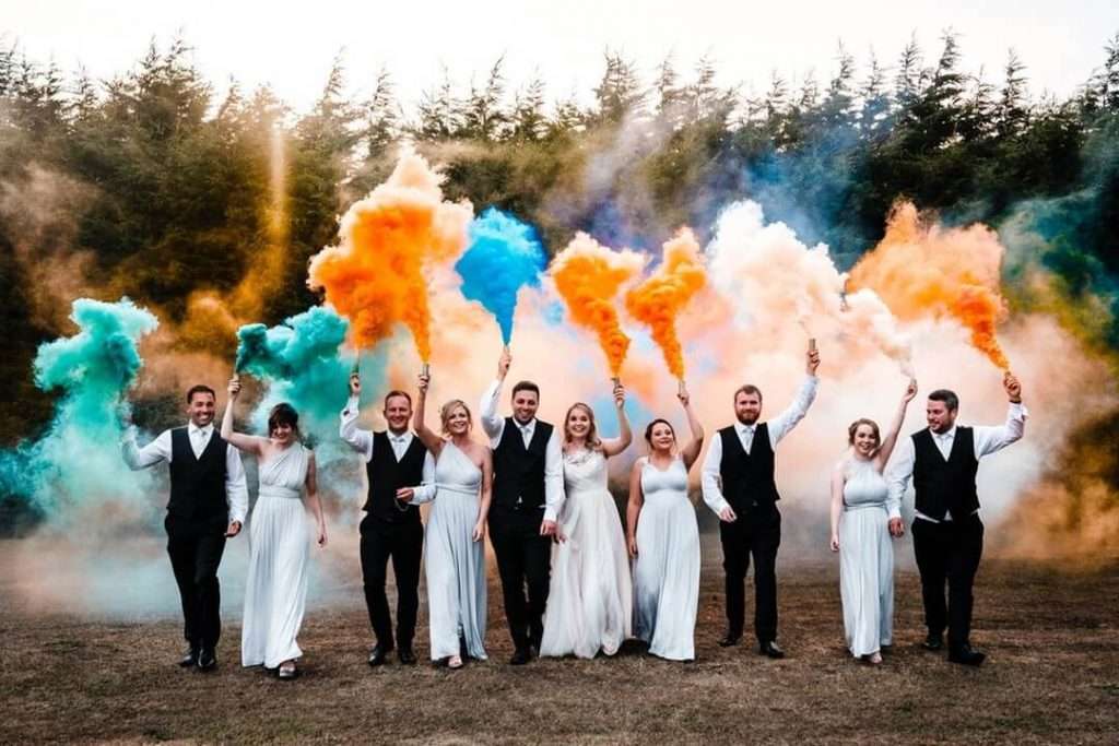 Rainbow smoke bombs wedding photography