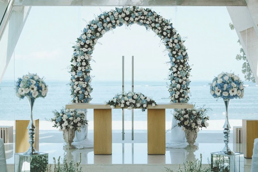 blue wedding arch chapel in conrad hotel bali