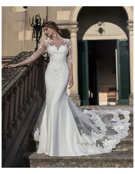 Venus-Bridal-VE8818N-Full-length-gown-lace-sleeves-layred-tulle-train-zipper-bac