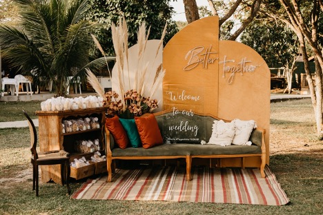 Beautiful bench & decor for outdoor/backyard wedding